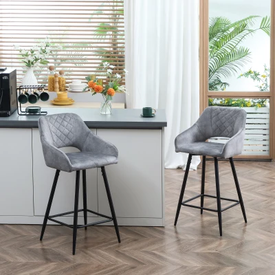 HOMCOM Conjunto de 2 taburetes de bar sillas altas efecto terciopelo y acero Negro con reposapiés apoyabrazos altura 67 cm Gris