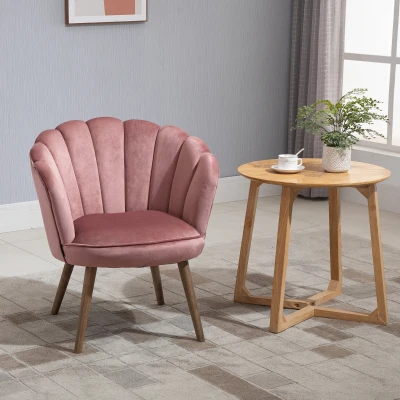 HOMCOM Sillón Concha Sillón de Salón Dormitorio con Respaldo y Cojín Aspecto Terciopelo Patas en Madera de Caucho 66x66x78,5 cm Rosa
