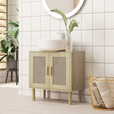 HOMCOM Mueble de baño bajo lavabo mueble de lavabo puertas de ratán patas de madera de pino 2 niveles 60x30x60 cm Roble