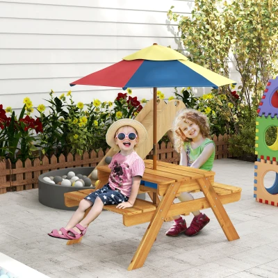Outsunny Mesa de picnic para niños con bancos, sombrilla desmontable, 2 cubetas de plástico, mesa 2 en 1 para 4 niños