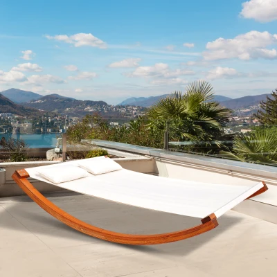 Outsunny Tumbona Mecedora de Diseño a Bascule para 2 Personas con 2 Cojines Incluidos Madera de alerce preaceitada Algodón Blanco