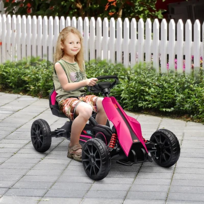 HOMCOM Go-Kart, vehículo para niños con asiento ajustable, coche a pedales, tretcar con freno de mano, 3-8 años, exterior, Rosa