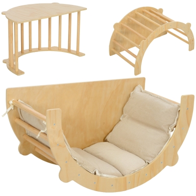 AIYAPLAY 3 en 1 Arco de escalada mecedora y mesa de juego con cojín, en Madera Natural, para niños de 18 a 48 meses