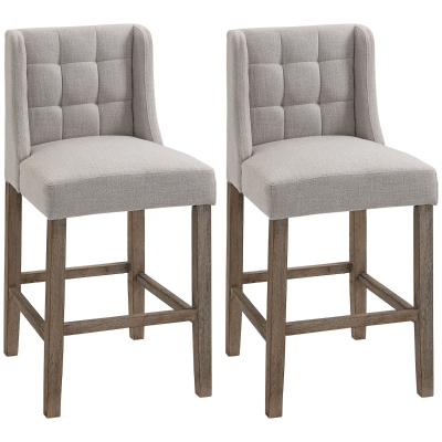 HOMCOM Conjunto de 2 Taburetes de bar con botones madera maciza con reposapiés 47x50x101 cm Gris+ Natural
