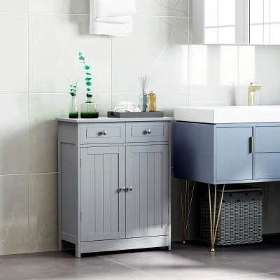 kleankin Mueble de baño con soporte armario de baño con 2 puertas 2 cajones 60x30x75 cm Gris