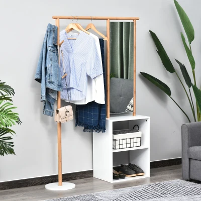 HOMCOM Perchero Mueble de Entrada Vestidor con Espejo 4 Ganchos 2 Compartimentos 100x34x164 cm MDF Blanco Madera Maciza Bambú