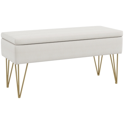HOMCOM Banco banqueta baúl de almacenamiento 2 en 1 en tela con patas horquilla de acero dorado 100x40x49 cm Crema