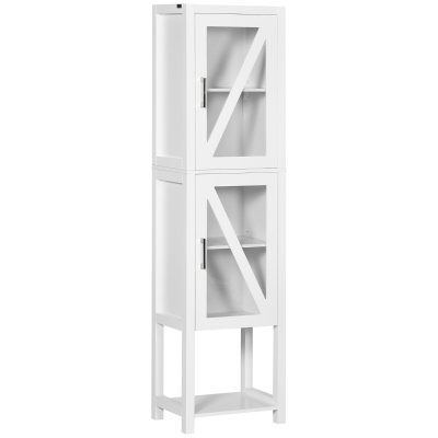 kleankin Coluna Casa de Banho com 2 Portas de Vidro Prateleiras Ajustáveis e Prateleira de Armazenamento 45x30x170 cm Branco
