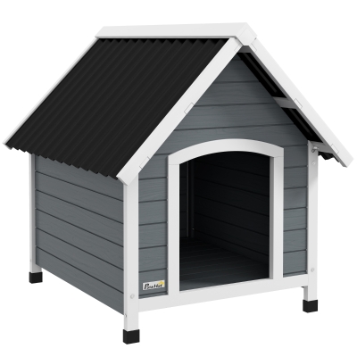 PawHut Casota para Cães 75x88x82 cm Casa para Cães com Telhado de Telhas de Imitação Pés Elevados e Chão Removível para Exterior Cinza