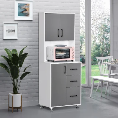 HOMCOM Armario de cocina alacena de cocina multi-almacenamiento 2 + 1 puerta 3 cajones + gran encimera 60x40x160 cm bicolor Gris Blanco