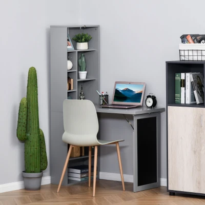 HOMCOM Escritorio con almacenaje plegable de pared abatible con estantería puesto de trabajo tablero de tiza y estante ajustable