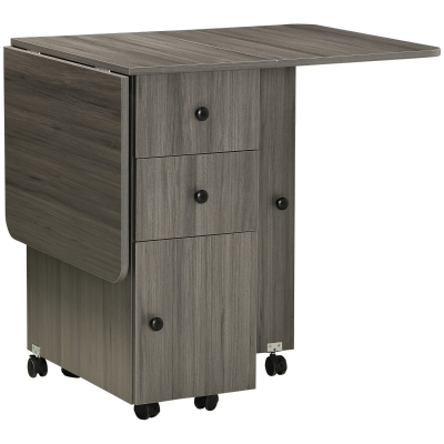 HOMCOM Mesa de cocina plegable mesa de comedor plegable 2 paneles abatibles con 2 cajones 1 armario Gris