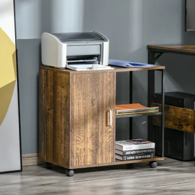 HOMCOM Soporte de impresora - organizador de oficina - armario con puerta 2 nichos gran estante - paneles de partículas color madera