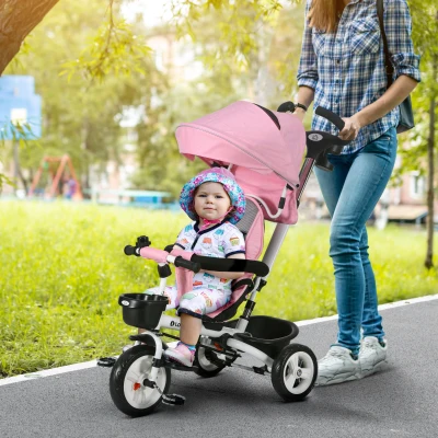 HOMCOM Triciclo Infantil 6 en 1 con Mango de Empuje, Toldo, Cinturón, Cesta, 18+ Meses, Rosa