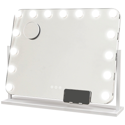HOMCOM Espejo maquillaje luminoso LED intensidad ajustable espejo aumento puerto de carga USB rotación 360° 63x50 cm