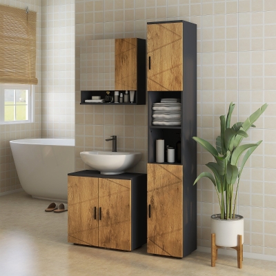 kleankin Mueble bajo lavabo lavabo mueble de baño 2 puertas con estante 60x30x60 cm Grisantracita y aspecto madera