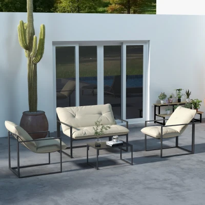 Outsunny Tuinmeubelset met Glazen Tafel, 2 Stoelen, 1 Bank, Weerbestendig, 114 cm x 70 cm x 67 cm, Grijs+Beige