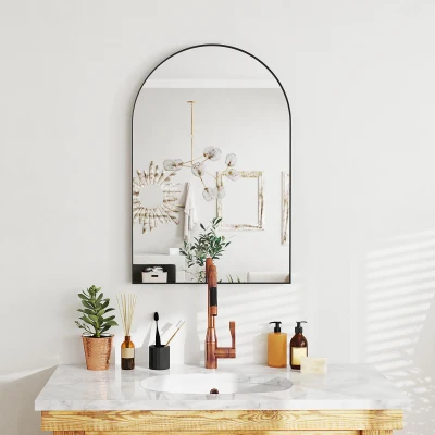 HOMCOM Espejo mural arqueado espejo de baño con marco de aleación de aluminio para habitación salón entrada 60×90 cm Negro