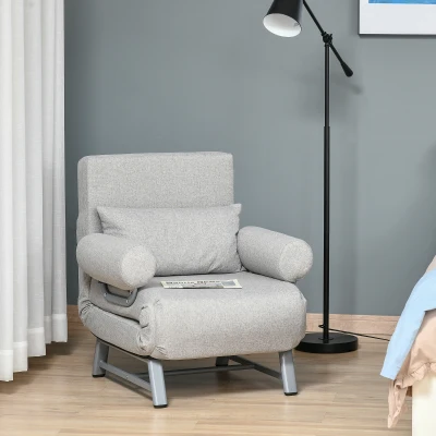 HOMCOM Sillón sofá-cama Convertible reclinable 1 Plaza Gran Comodidad Cojín lumbares reposabrazos base metal Lino Gris Claro