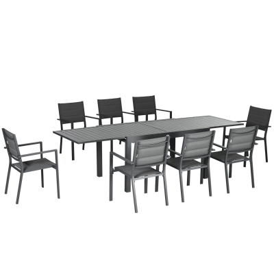 Outsunny Conjunto de Jardim Refeição de 9 Peças com Mesa Extensível 8 Cadeiras Empilháveis 135-270x89x74cm Cinza