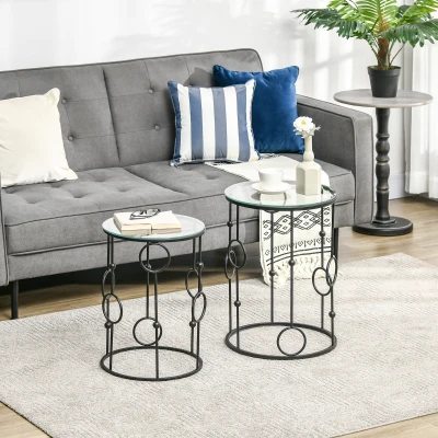 HOMCOM Conjunto de 2 Mesas de Café Apilables en Metal y Vidrio Templado 41x57 cm y 36x51 cm Negro
