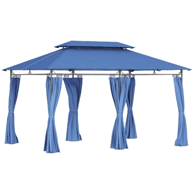 Outsunny Tonnelle 3x4m Bleu Foncé Double Toit Rideaux Amovibles