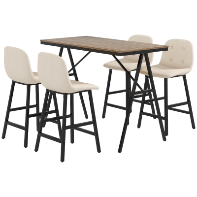 HOMCOM Conjunto de Mesa Alta 5 Piezas Mesa y 4 Sillas Tapizado con Botones Acolchado Grueso Imitación de Lino Beige