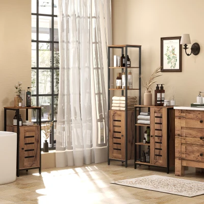 kleankin Mueble columna de baño industrial 3 estantes abiertos puerta de lamas estantes ajustables Marrón rústico