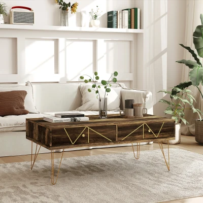 HOMCOM Mesa de Café de Madera Mesa de Centro con Gran Tablero y 2 Cajones Diseño de Lujo Elegante Decoración con Líneas Doradas