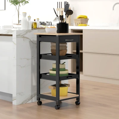 HOMCOM Carrito de servicio desfiladero de cocina con ruedas 2 bandejas extraíbles cajón estante Roble claro madera de pino Negro