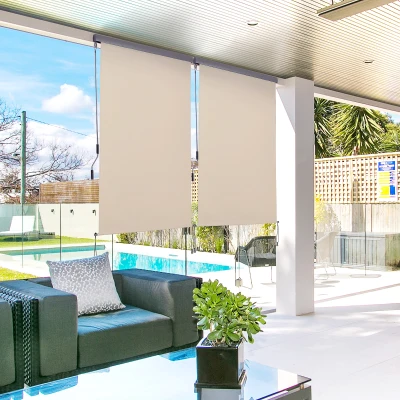 Outsunny Toldo Lateral, Toldo para Balcón, Resistente a la Intemperie, Mecanismo de Rodillo con Resorte, 200x140 cm, Blanco Crema