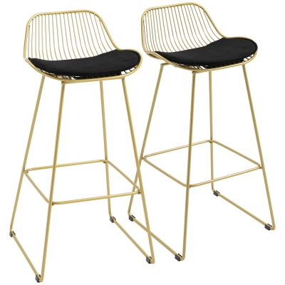 HOMCOM Conjunto de 2 Bancos Altos Moderno com Almofada de Veludo Encosto e Apoio para os Pés Carga 120 kg 46,5x48x93 cm Dourado