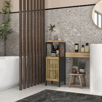 HOMCOM Mueble bajo de baño en bambú con armario 1 puerta repisa abierta 32x30x90,5 cm Negro y madera