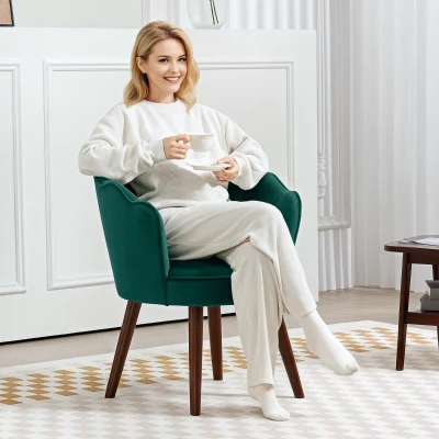 HOMCOM Sillón Concha Sillón de Salón Chambre con Respaldo y Cojín Aspecto Terciopelo Patas en Madera de Caucho Verde