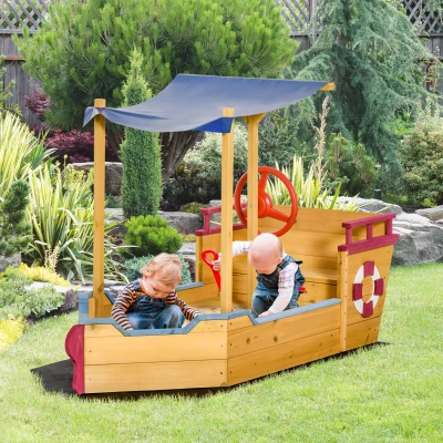 Outsunny Arenero de madera con forma de barco pirata - vela de sombra, caja de almacenamiento y timón - Madera de pino prefabricada