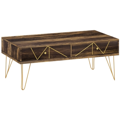 HOMCOM Mesa de Café de Madera Mesa de Centro con Gran Tablero y 2 Cajones Diseño de Lujo Elegante Decoración con Líneas Doradas