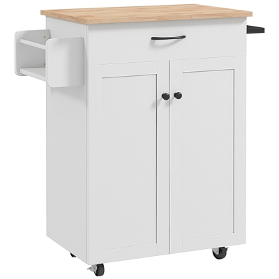 HOMCOM Carrito de cocina con ruedas plataforma de madera de hevea con cajón armario 2 puertas 83x45x91,5 cm Blanco