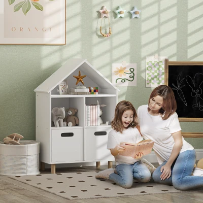 AIYAPLAY Biblioteca niños mueble de almacenamiento niños 3 niveles con dos cajones forma de casa 63,7x29,7x89 cm Blanco