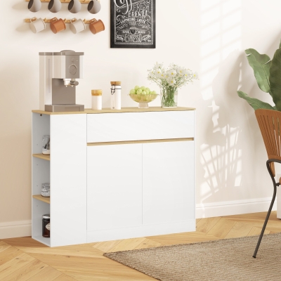 HOMCOM Mueble de Almacenamiento Aparador amplio compartimento de armario 3 estantes cajón 105x30x81,5 cm Blanco/Madera