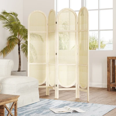 HOMCOM Biombo interior de madera 4 paneles 170x160 cm plegable y portátil diseño tejido a mano Madera Natural