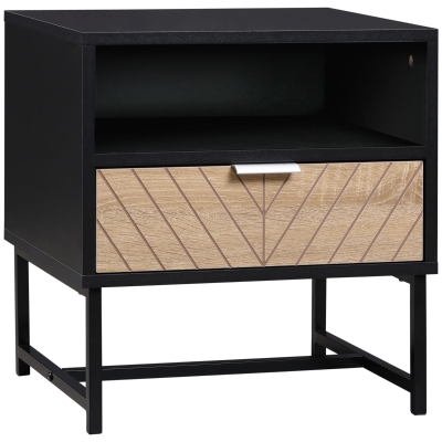HOMCOM Mesa de noche mesa de noche estilo industrial cajón estante de metal aspecto de madera de Roble en espiga Negro