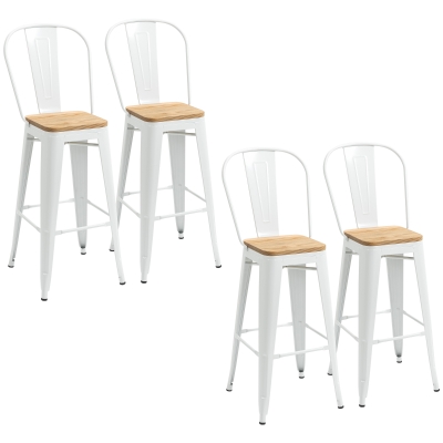 HOMCOM Conjunto de 4 Bancos Altos Empilháveis com Encosto Alto Apoio para os Pés Assento de Madeira 44x53x116 cm Branco
