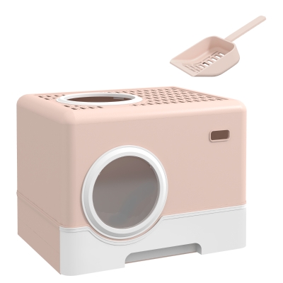 PawHut Caixa de Areia para Gatos com Pá Bandeja Removível 2 Portas Entrada Frontal e Saída Superior 52x41x38,5 cm Rosa