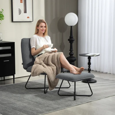 HOMCOM Poltrona Sala de Estar com Apoio para os Pés Poltrona Relax com Pés de Aço em Forma de Cruz Cinza Escuro