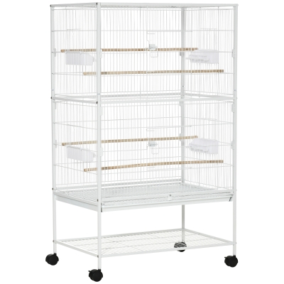PawHut Gaiola para Pássaros com Rodas Bandeja Amovível 4 Portas Comedouros e Prateleira de Armazenamento 78x52x132cm Branco
