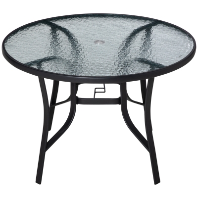 Outsunny Mesa de Cristal de Jardim com Orifício para Chapéu de Sol Mesa Redonda de Exterior Terraço Varanda com Estrutura de Aço Ø106,5x71cm Transparente e Preto