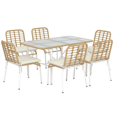 Outsunny Conjunto de Refeição de Vime Sintético Jogo de 7 Peças Inclui 6 Cadeiras Empilháveis com Almofadas e Mesa de Vidro Natural
