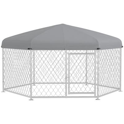 PawHut Canil de Exterior Hexagonal com Porta Estrutura de Aço Galvanizado e Toldo Impermeável e Anti-UV 210x185x150 cm Prata