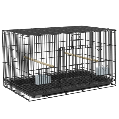 PawHut Gaiola para Pássaros 77x46x45 cm Gaiola de Metal para Pássaros com Bandeja Amovível 2 Poleiros e 2 Comedouros Preto