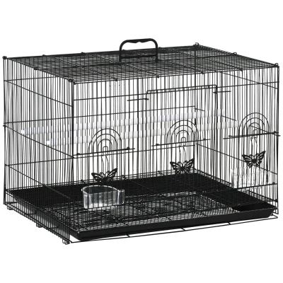 PawHut Gaiola para Pássaros 60x41x41cm Gaiola com 2 Poleiros e 3 Portas para Pássaros Pequenos Canários Preto